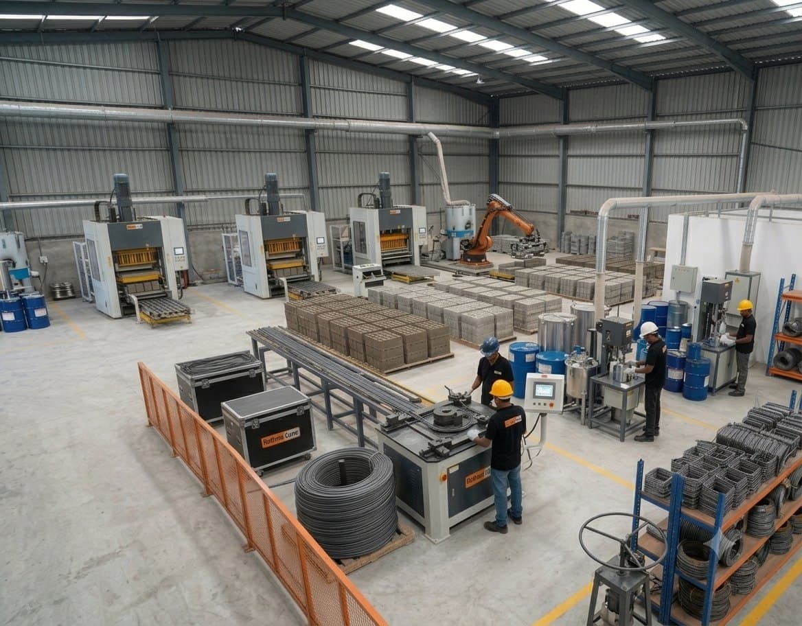 Block presses, stacked cement blocks and a bar bending machine on the production floor