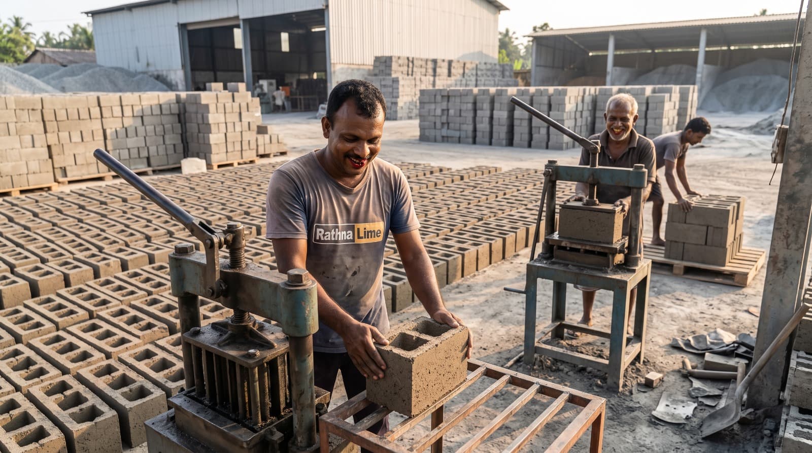 A worker pressing a cement block by hand, with pressed blocks stacked and curing behind him